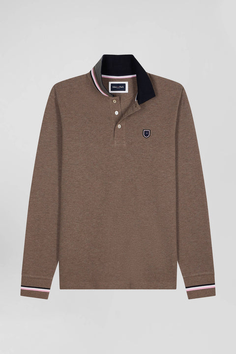Regular brown long-sleeved cotton piqué polo shirt with rubber badge - Image 2