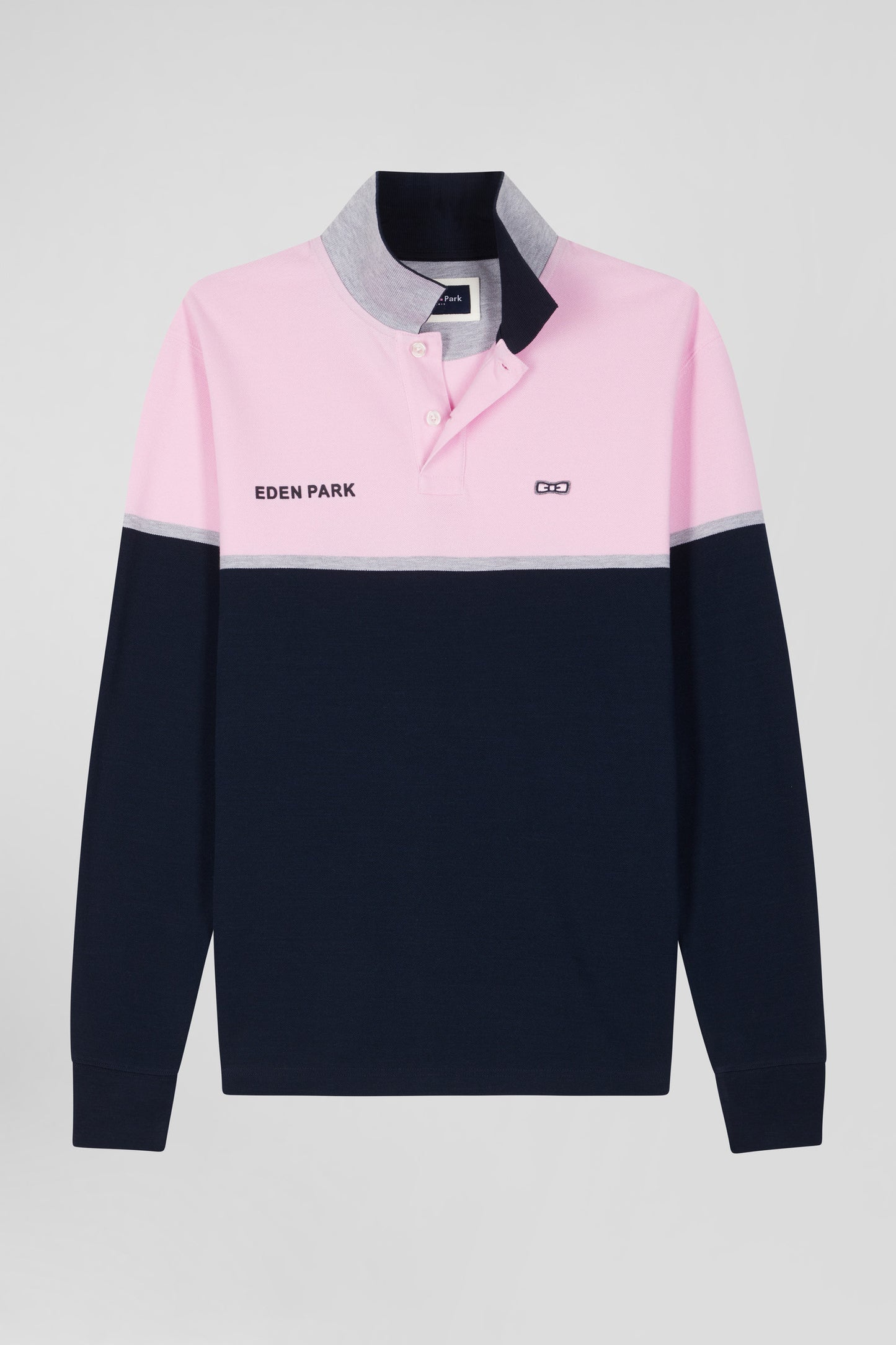 Regular navy blue bicolor long-sleeved cotton piqué polo shirt