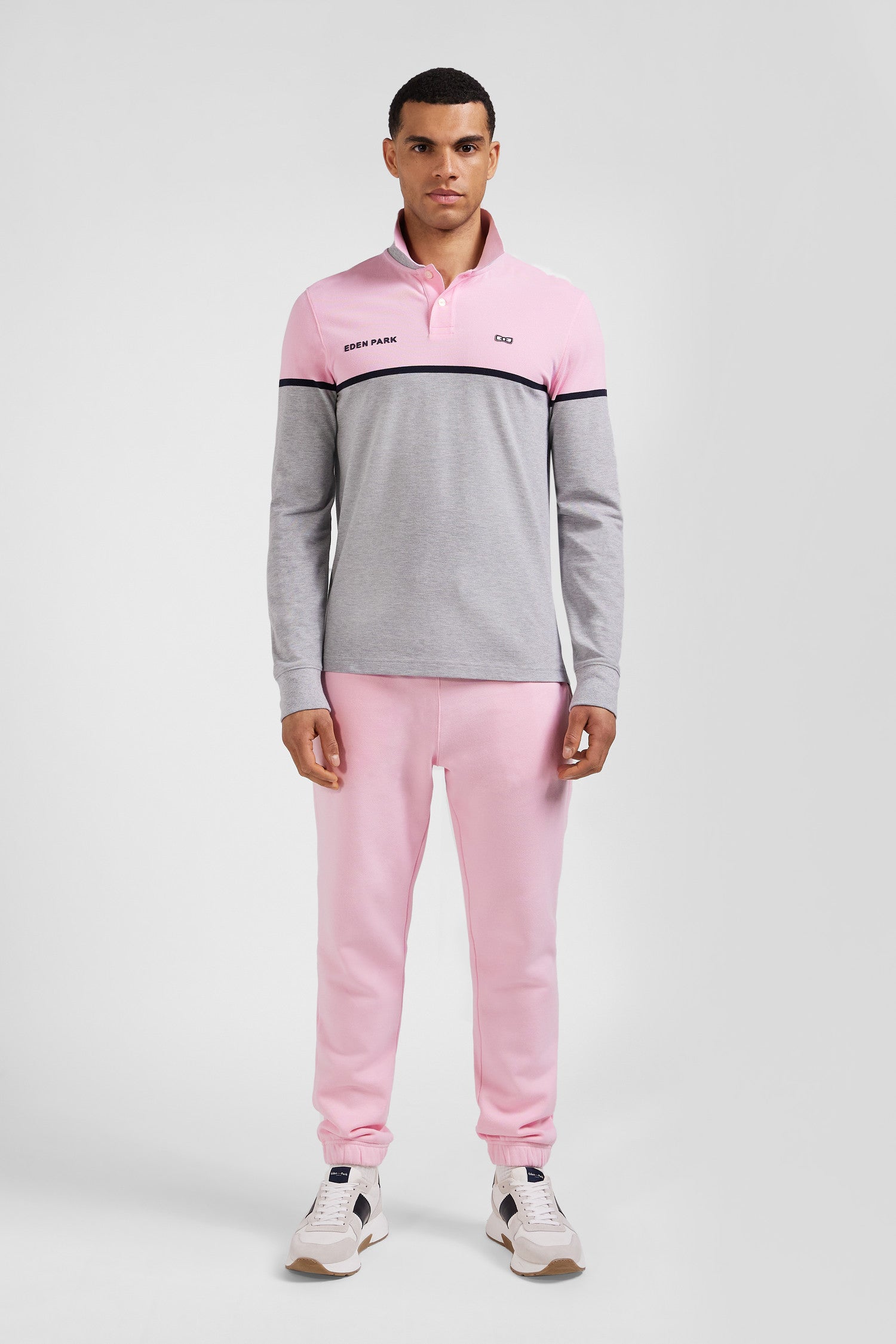 Polo manches longues bicolore en piqué coton rose coupe Regular