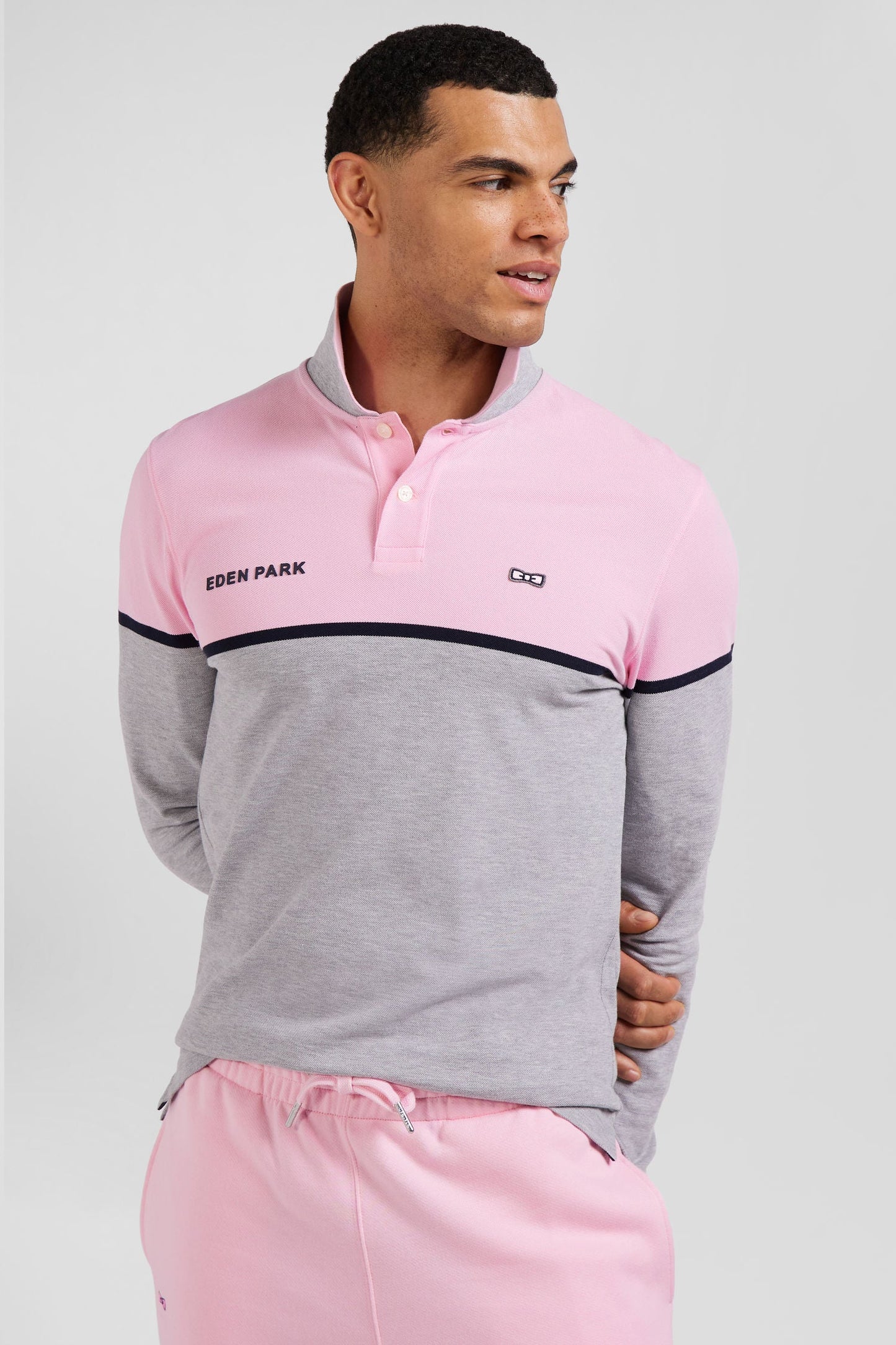 Polo manches longues bicolore en piqué coton rose coupe Regular - Image 3