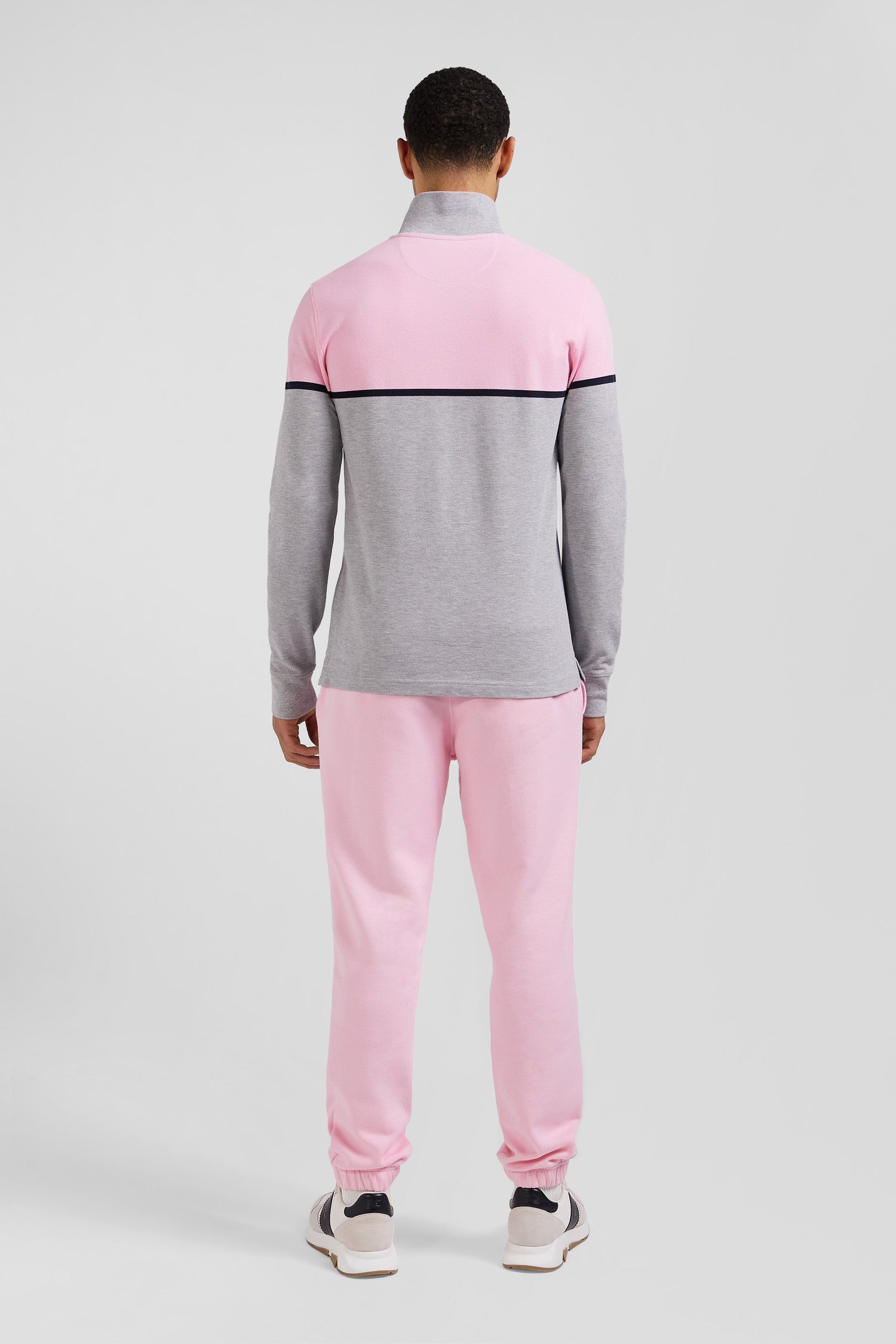 Polo manches longues bicolore en piqué coton rose coupe Regular