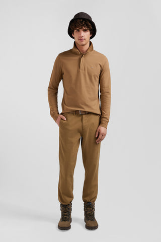Long-sleeved polo shirt in hazelnut cotton piqué, slim fit
