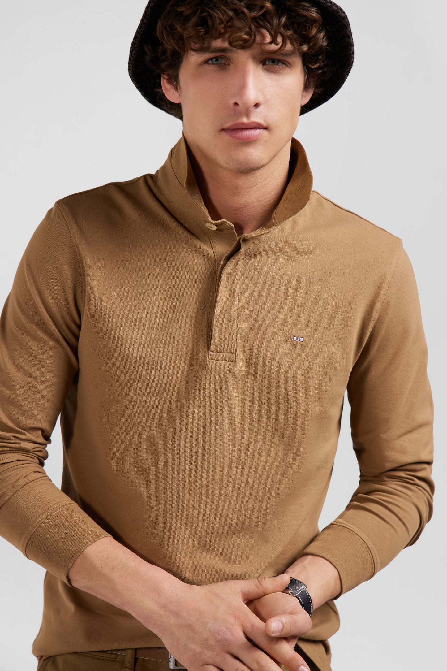 Polo manches longues en piqué coton camel coupe Slim - Image 3