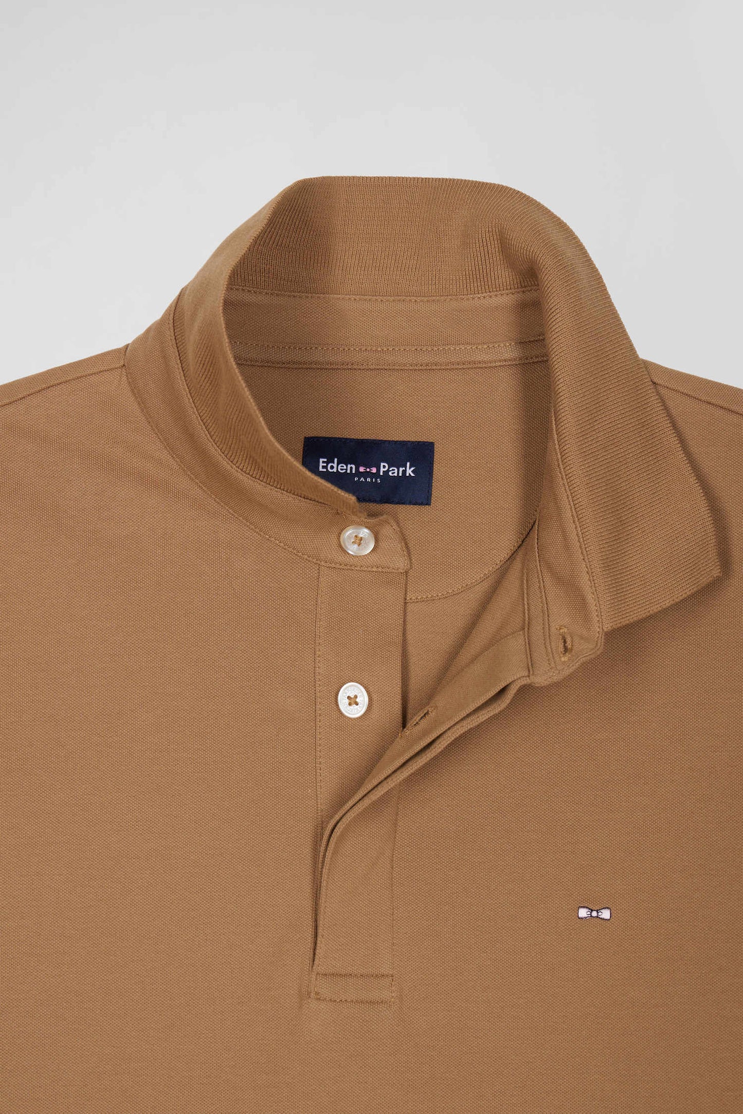 Long-sleeved polo shirt in hazelnut cotton piqué, slim fit