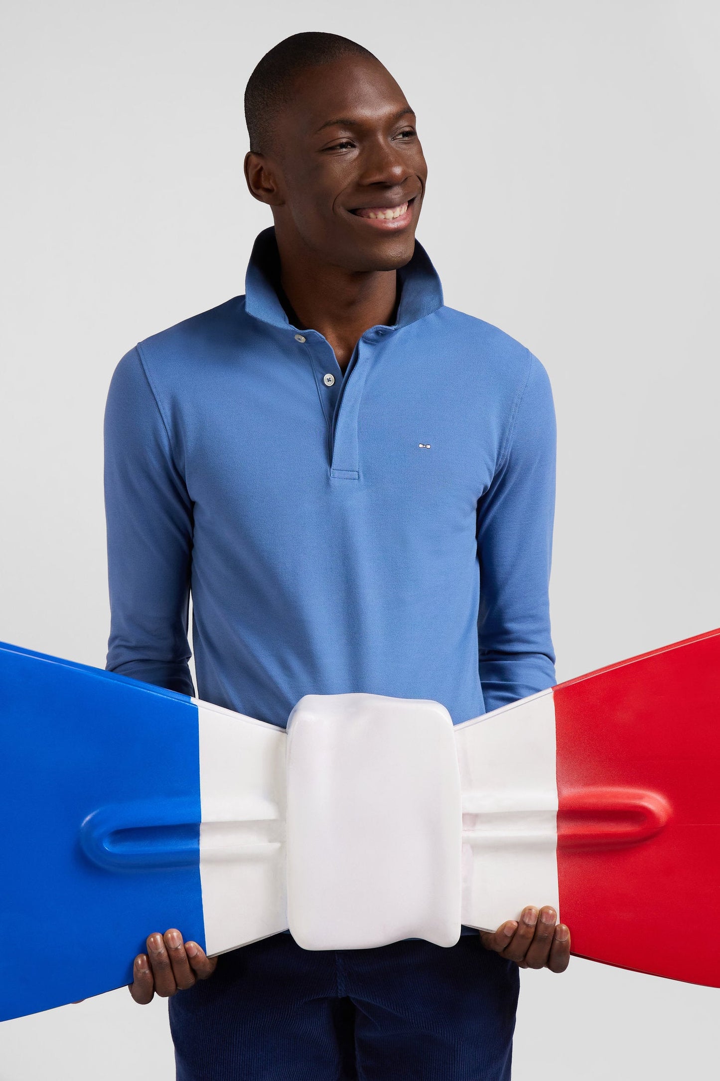 Polo manches longues en piqué coton bleu coupe Slim - Image 3