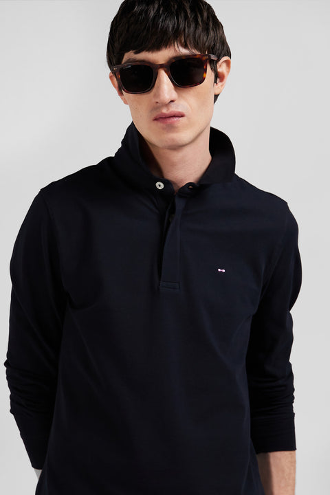 Slim black long-sleeved cotton piqué polo shirt - Image 3