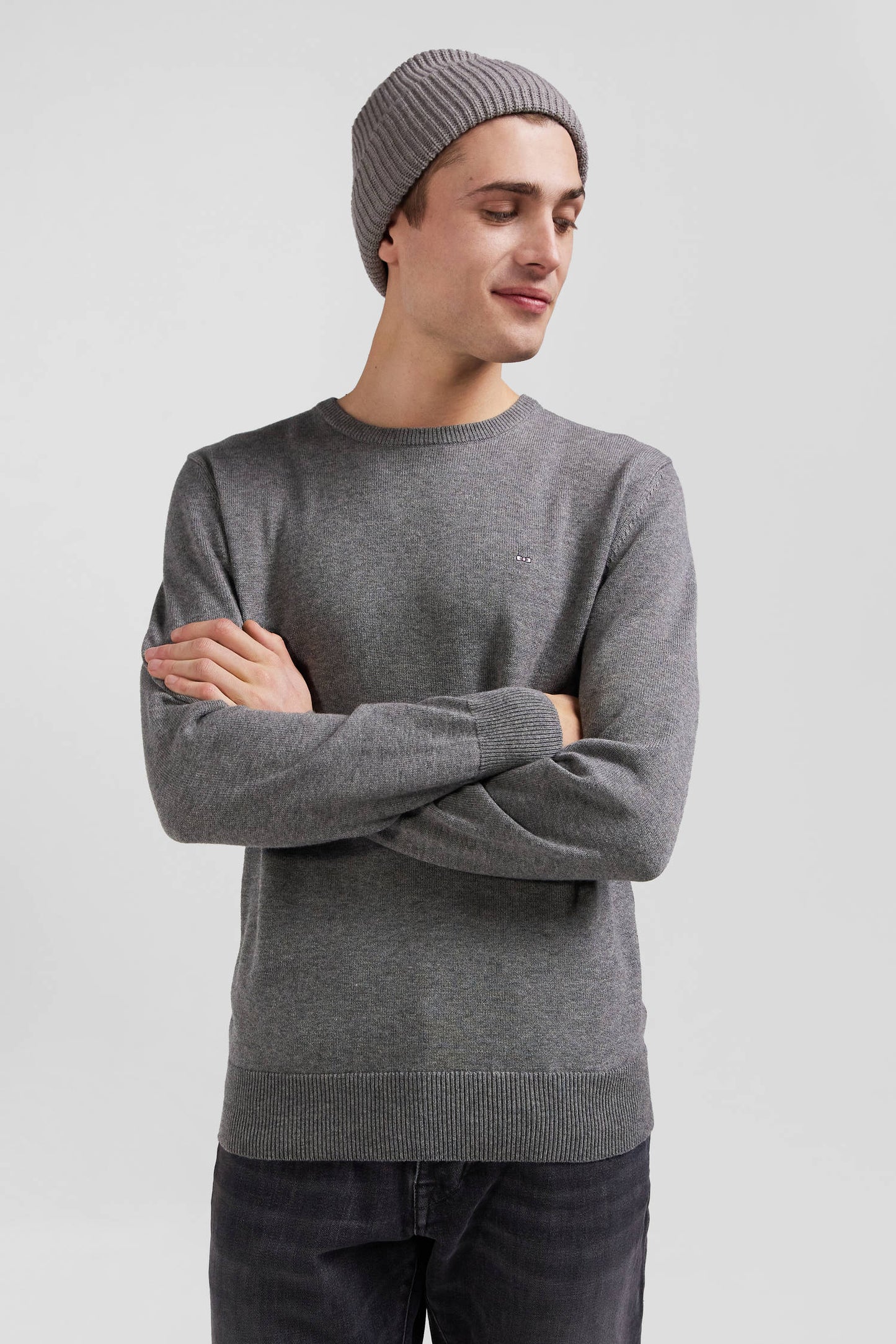 Regular light grey wool and cotton crew neck jumper