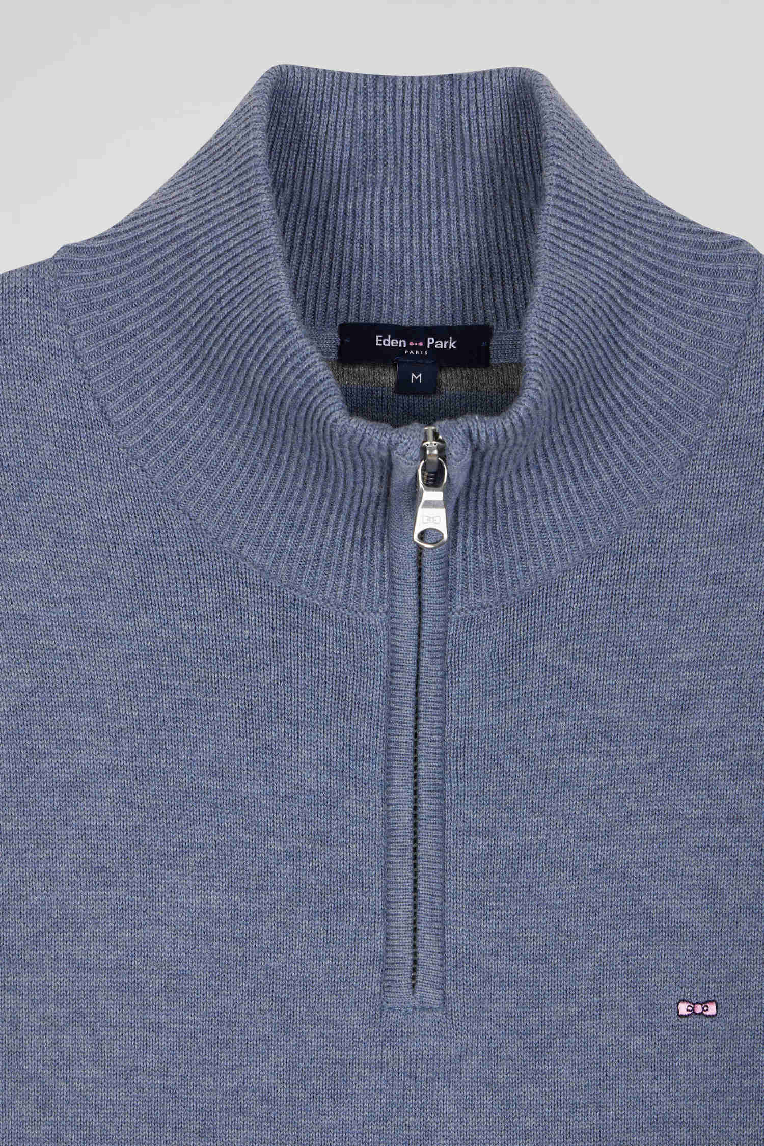 Pull col camionneur zippé en laine et coton bleu clair coupe Regular