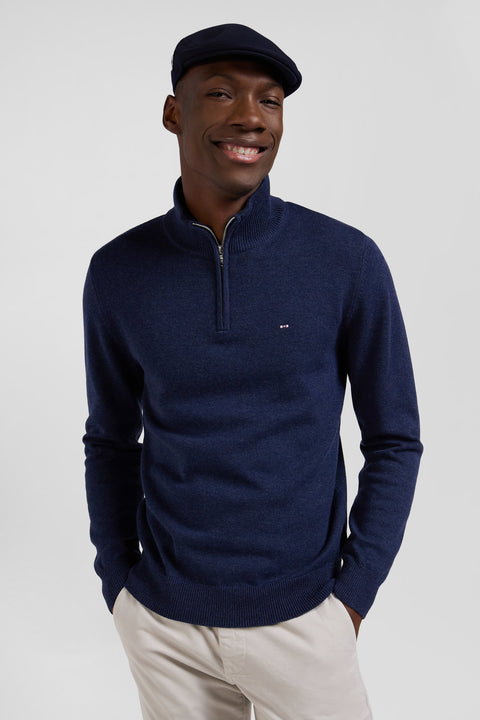 Regular dark blue semi-zipped wool and cotton jumper - Image 3