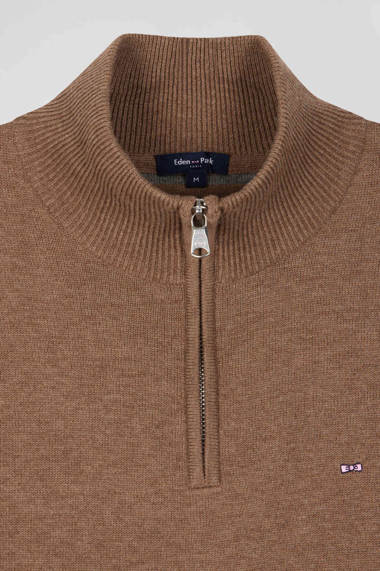 Pull col camionneur zippé en laine et coton marron coupe Regular