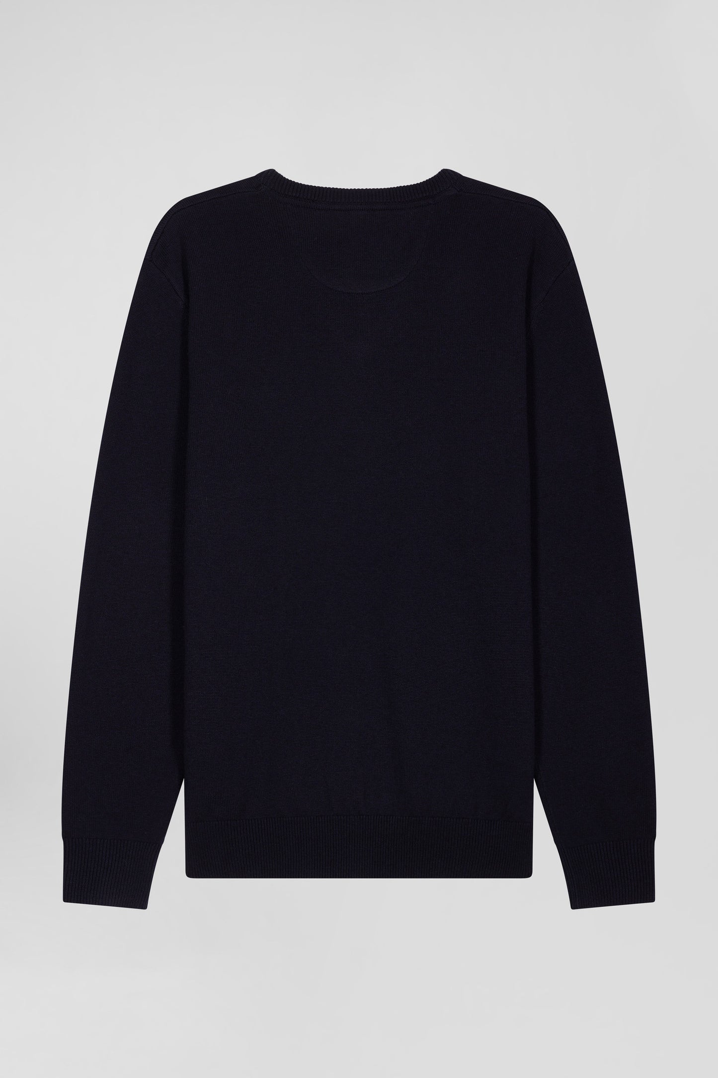 Regular navy wool and cotton V-neck jumper with striped details