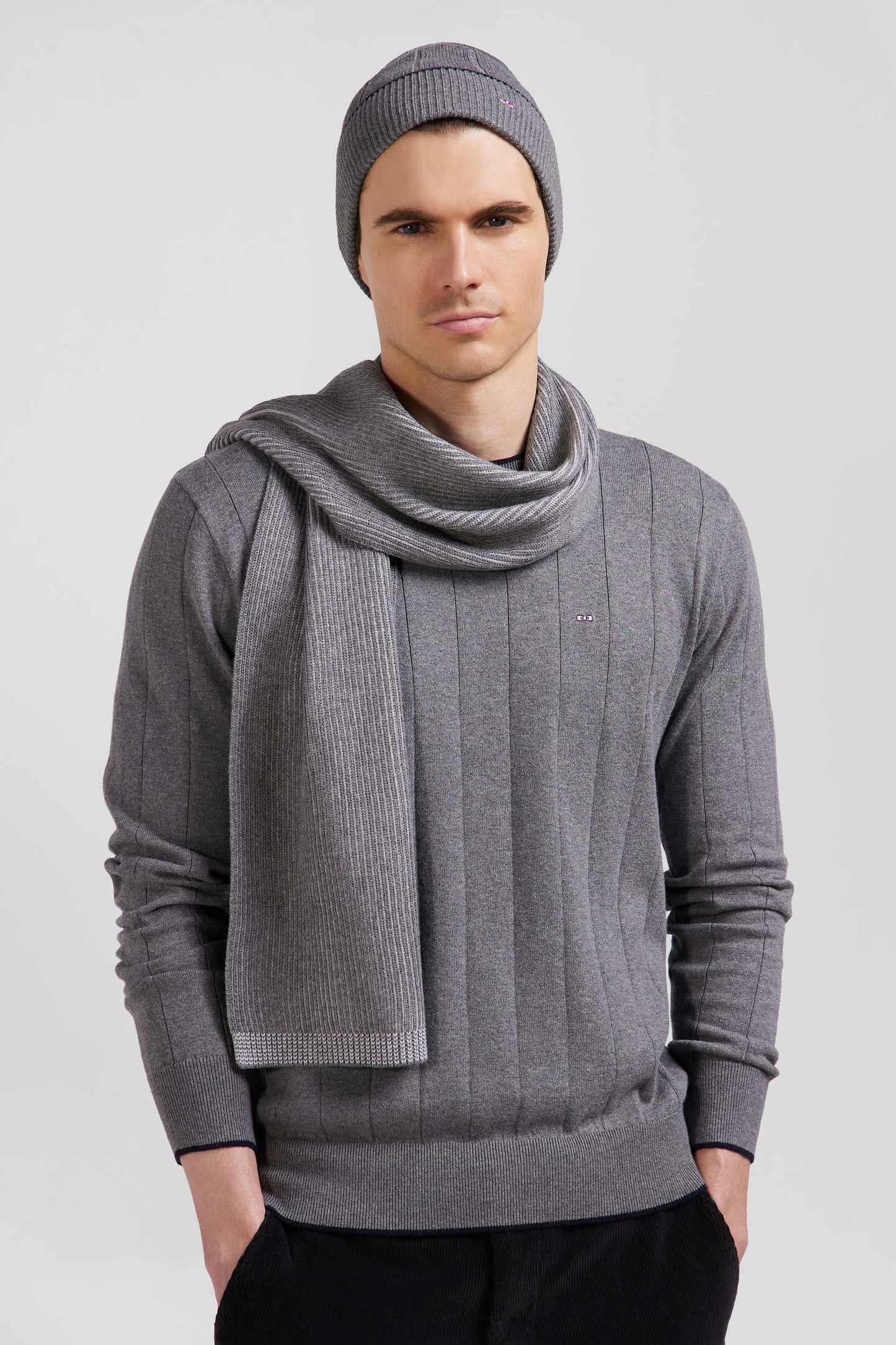 Pull col rond en coton et cachemire gris coupe Regular - Image 3