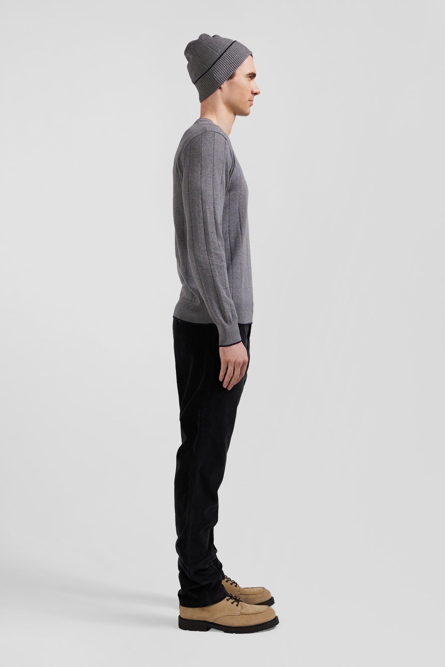 Pull col rond en coton et cachemire gris coupe Regular - Image 6