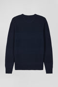 Regular navy blue cotton crew neck jumper with knit patterns