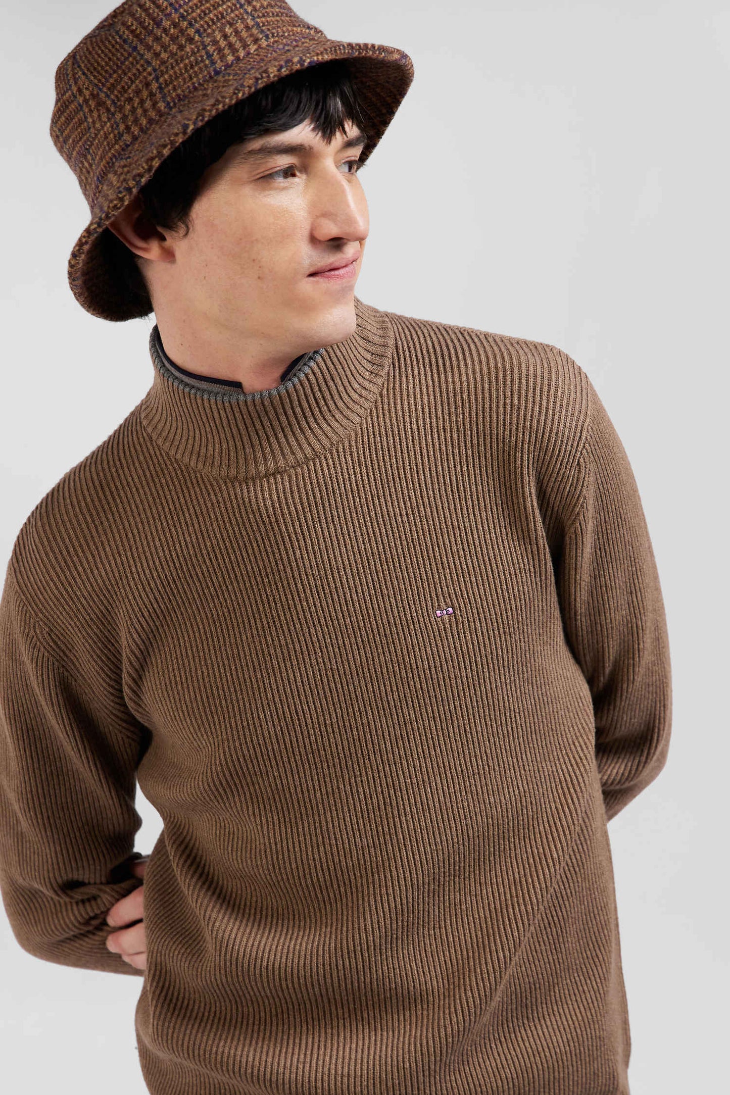 Regular brown wool and cotton high-neck jumper