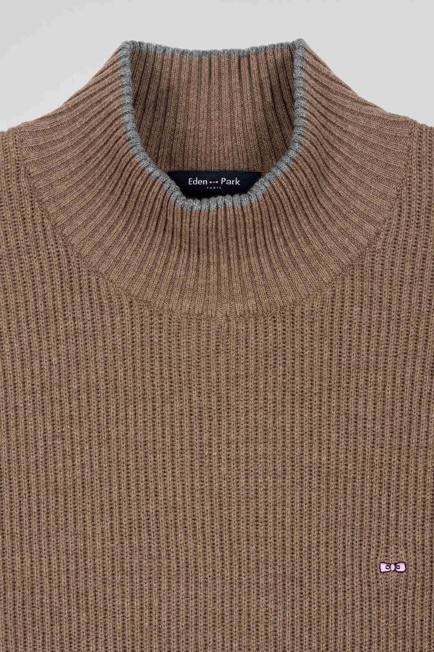 Regular brown wool and cotton high-neck jumper