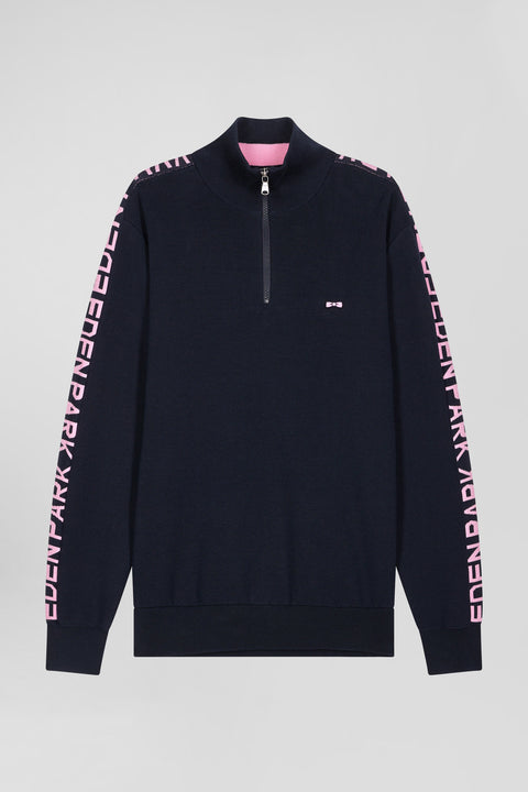 Regular navy semi-zipped cotton jumper with jacquard details - Image 2