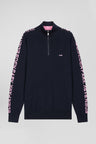 Regular navy semi-zipped cotton jumper with jacquard details