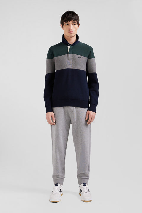 Regular green wool and cotton jumper with knit patterns and rugby shirt collar - Image 1