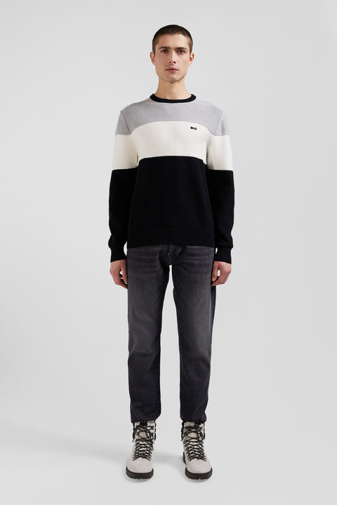 Regular grey and white cotton crew neck jumper with knit patterns - Image 1
