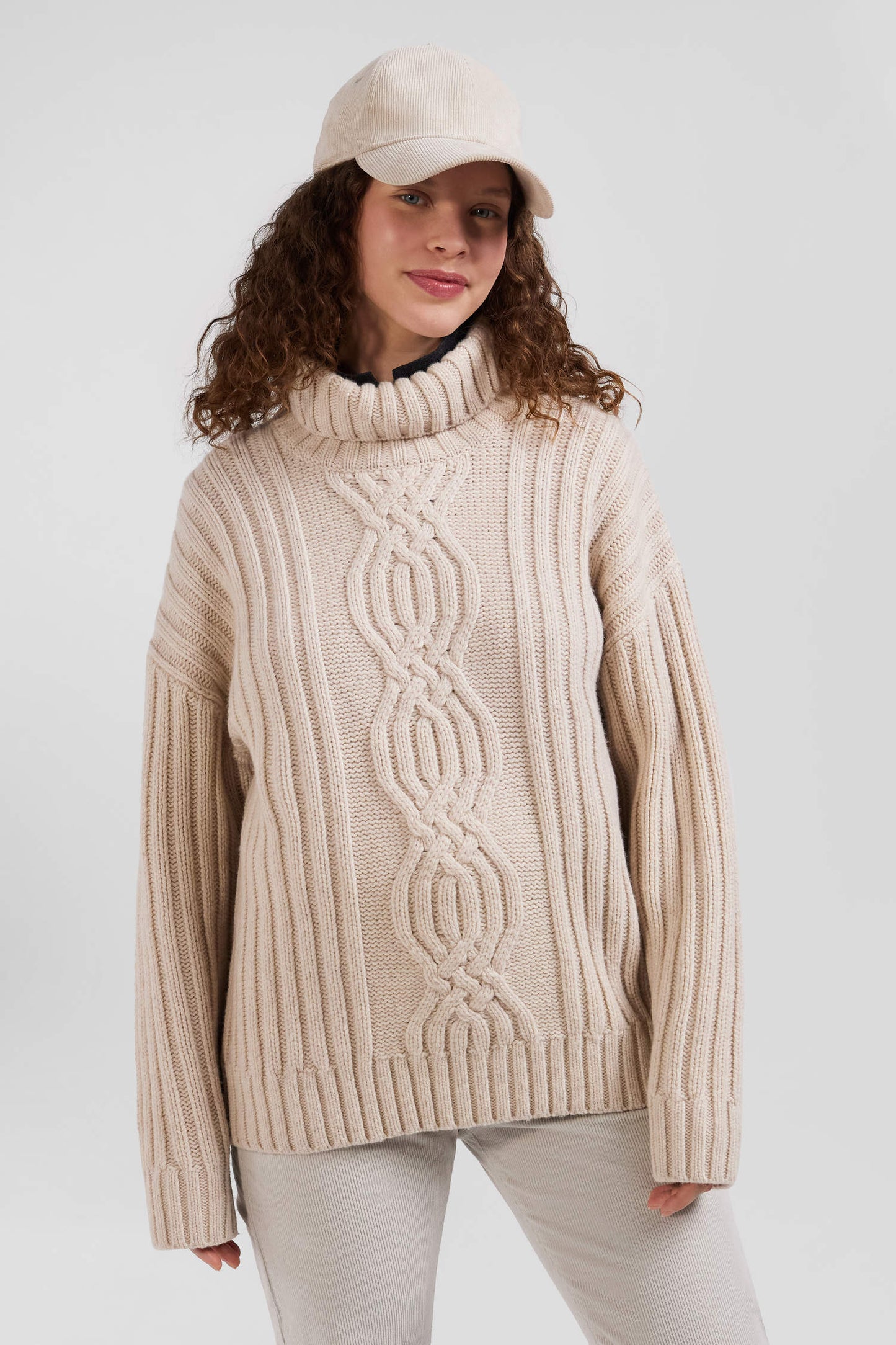 Oversize ivory wool blend high neck jumper with bow effect