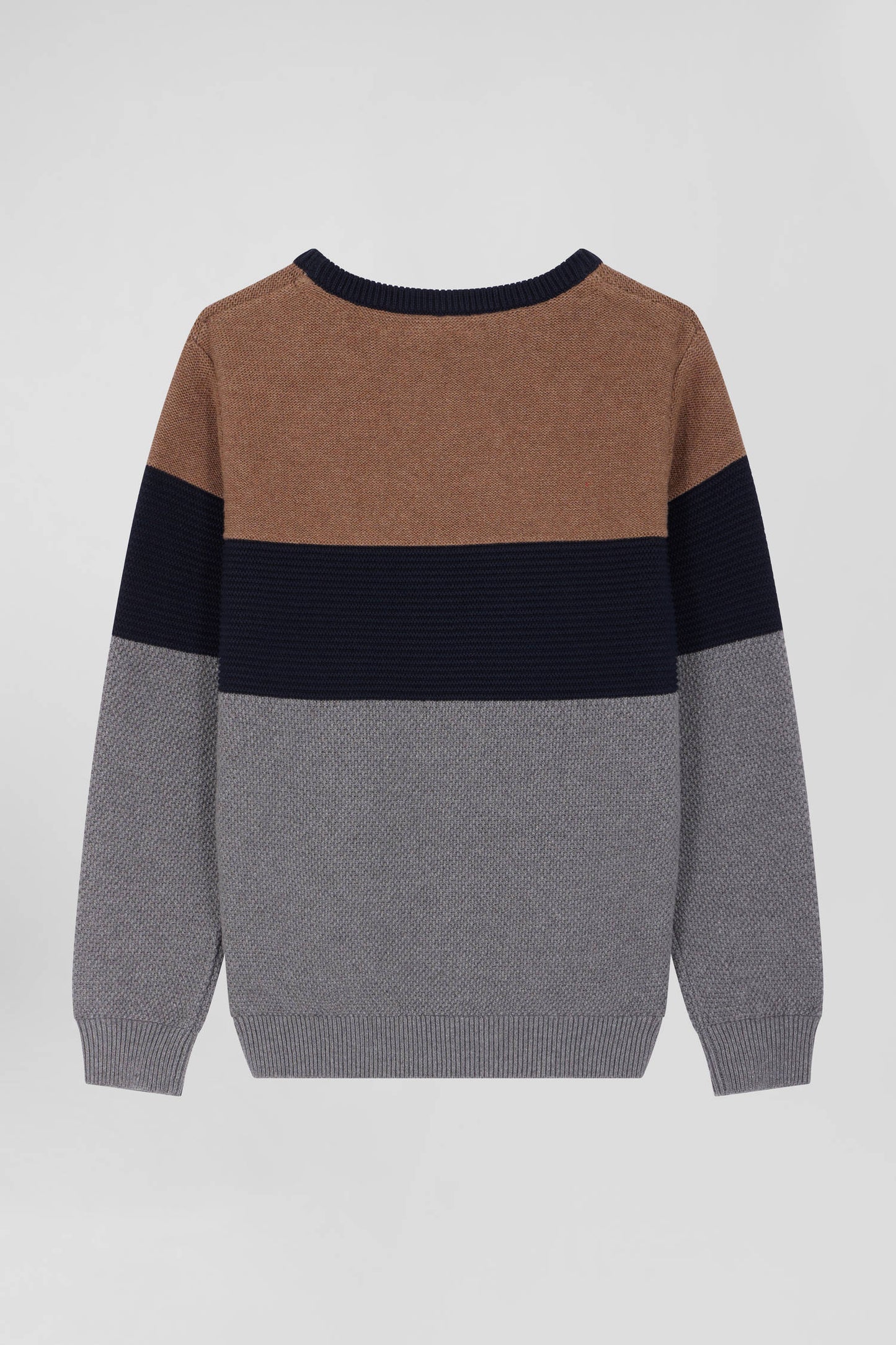 Three-tone round-neck sweater in hazelnut cotton, regular fit