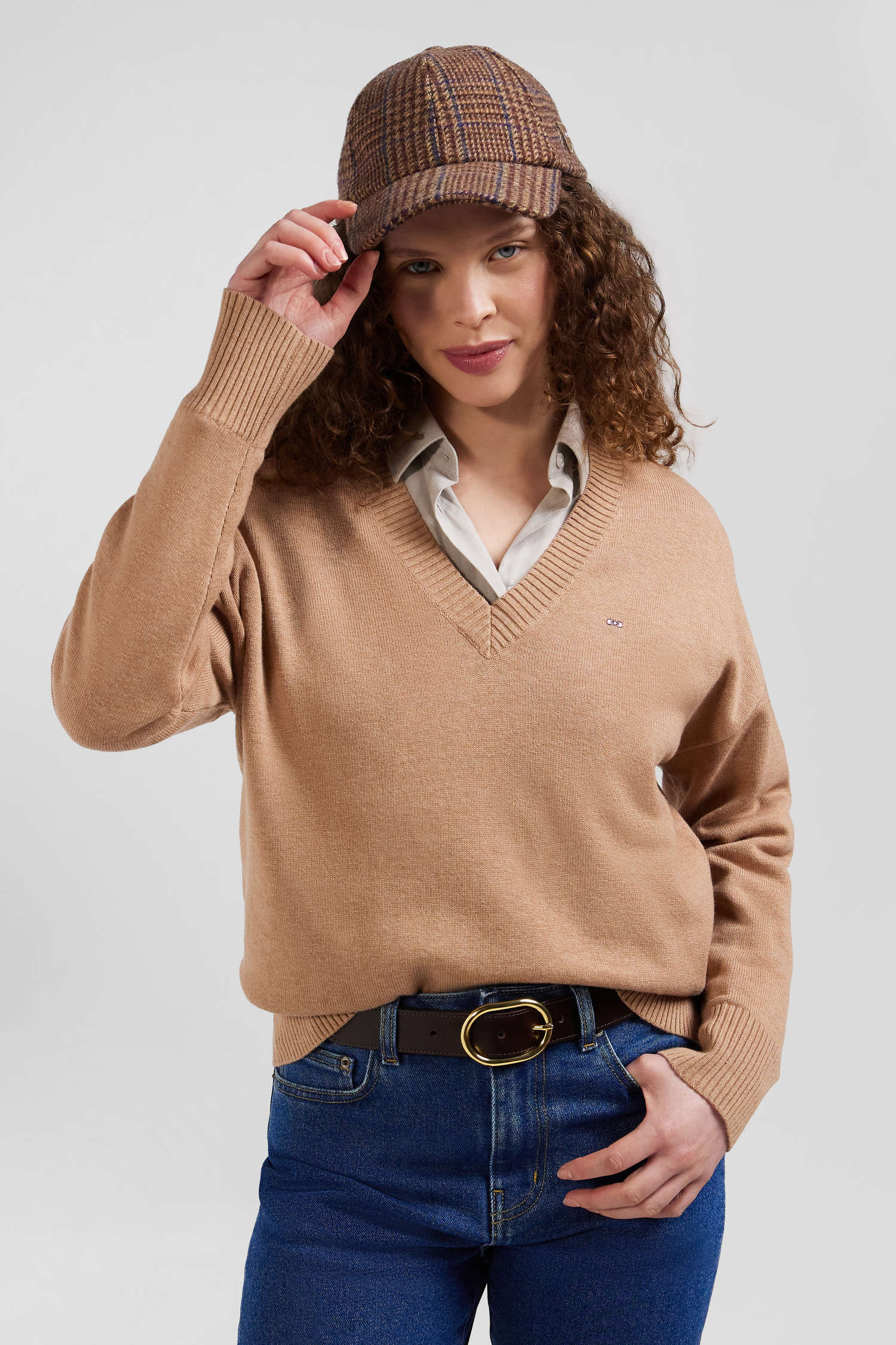 Relax camel wool and cotton V-neck jumper