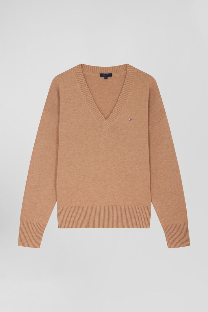 Relax camel wool and cotton V-neck jumper