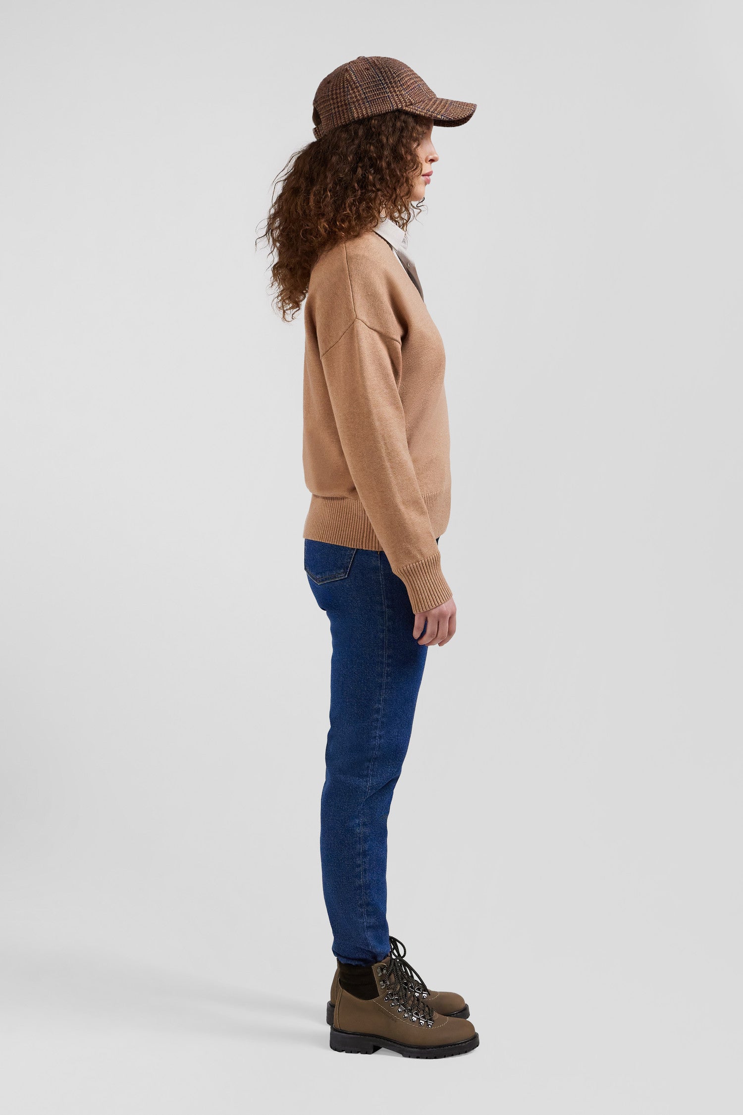 Relax camel wool and cotton V-neck jumper