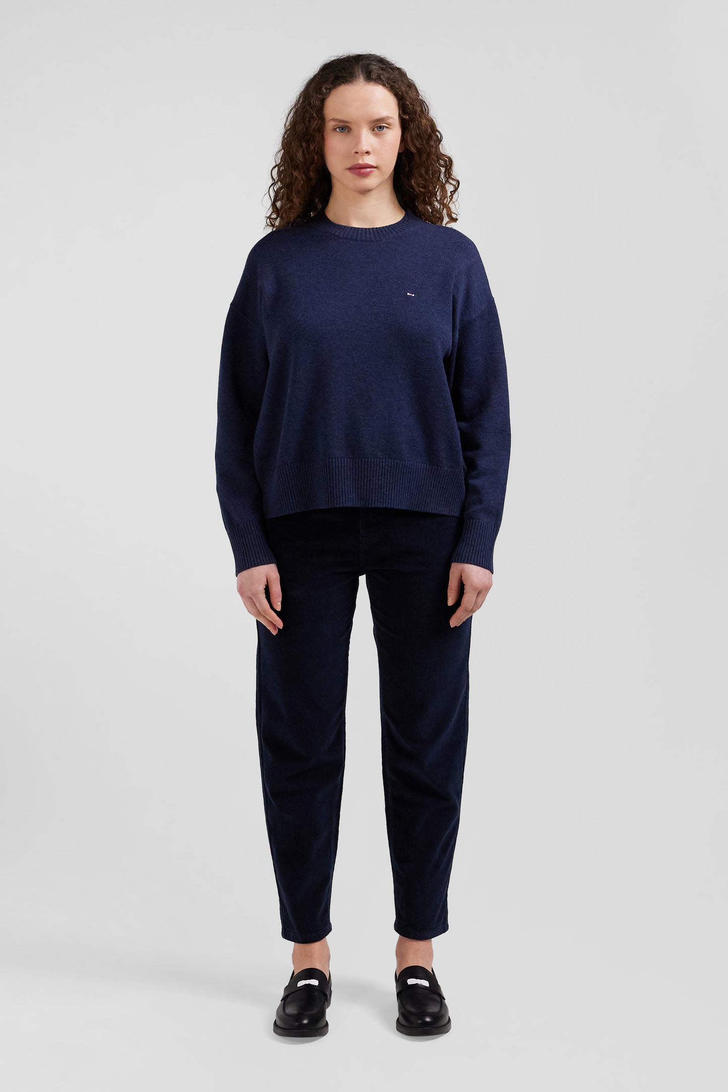 Relaxed navy wool and cotton crew neck jumper