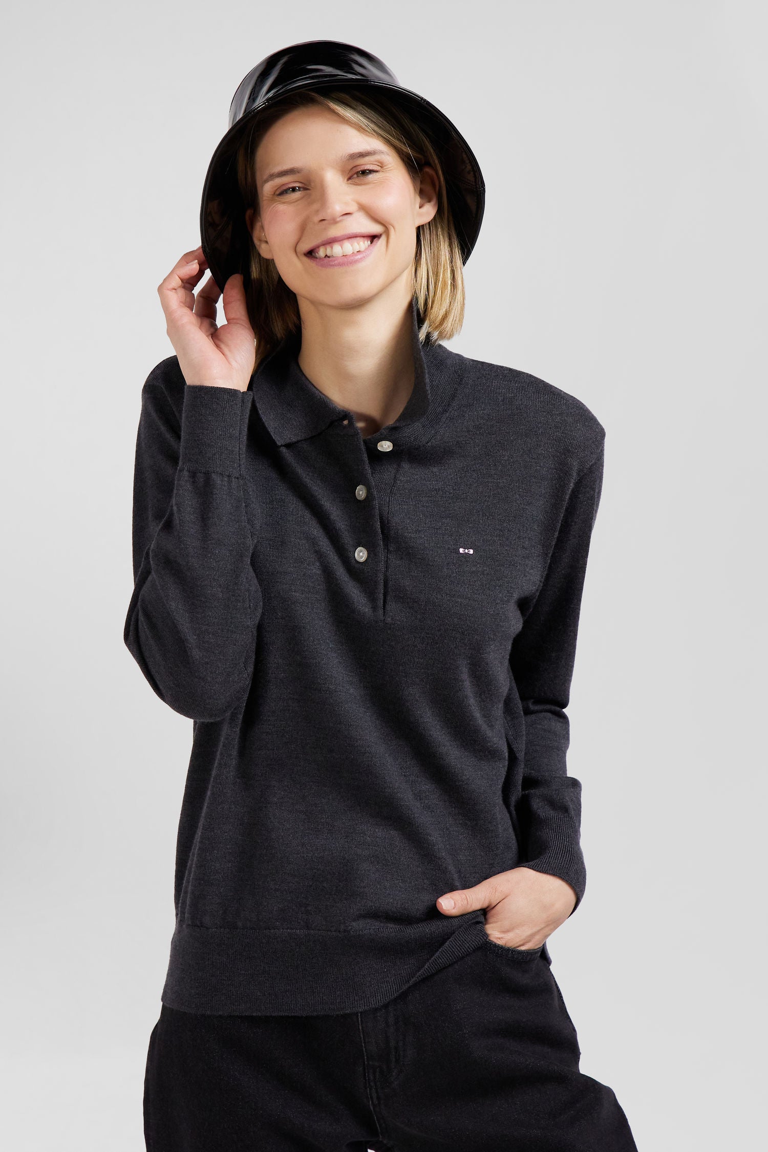 Regular anthracite grey women's wool jumper with rugby shirt collar