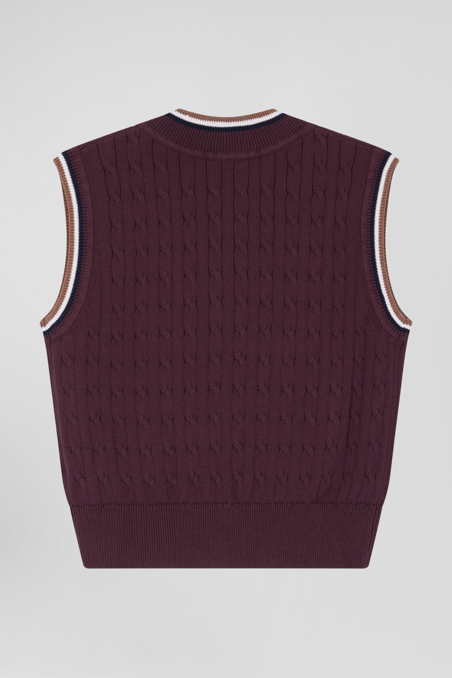 Relaxed burgundy cable-knit cotton V-neck sleeveless jumper