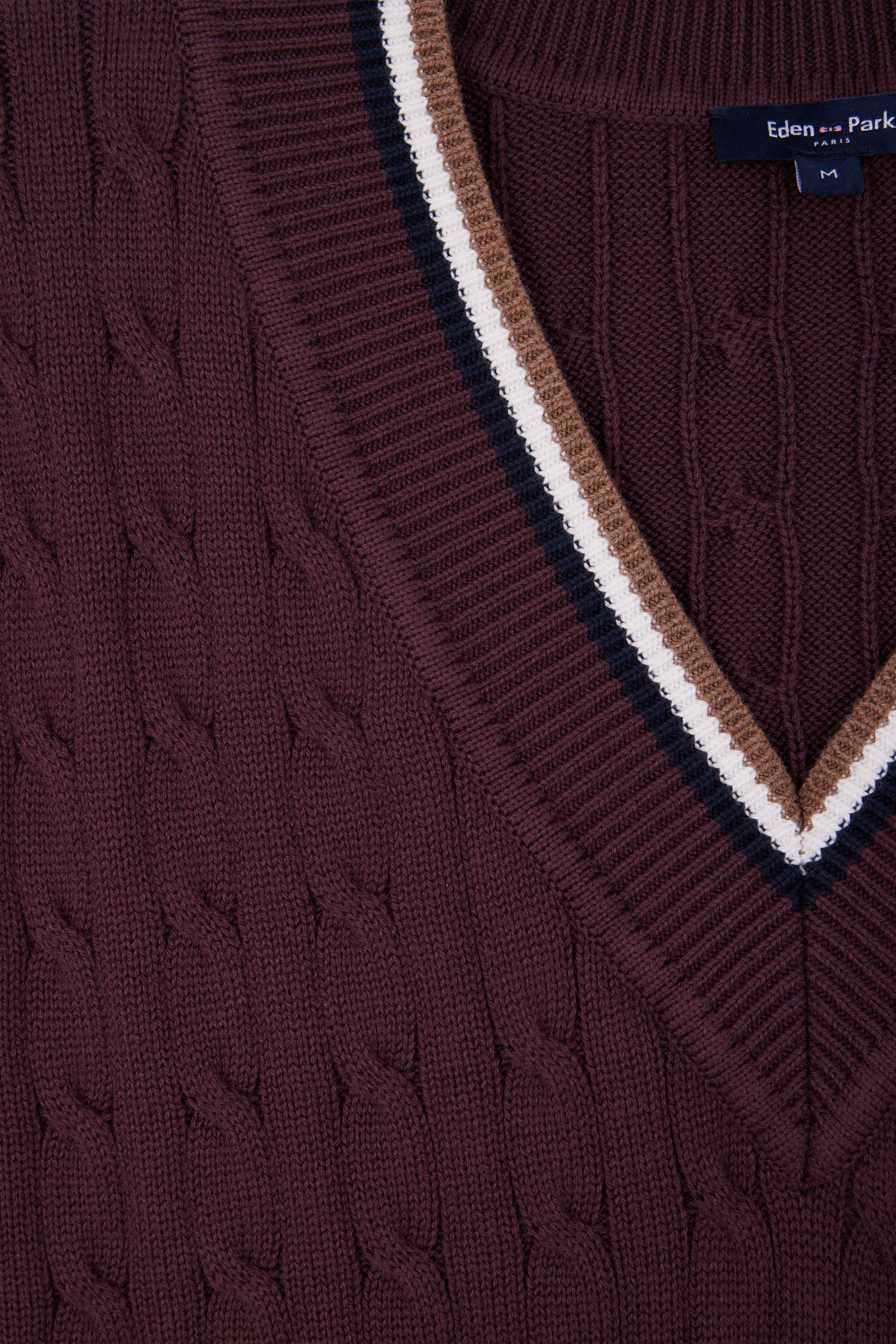 Relaxed burgundy cable-knit cotton V-neck sleeveless jumper