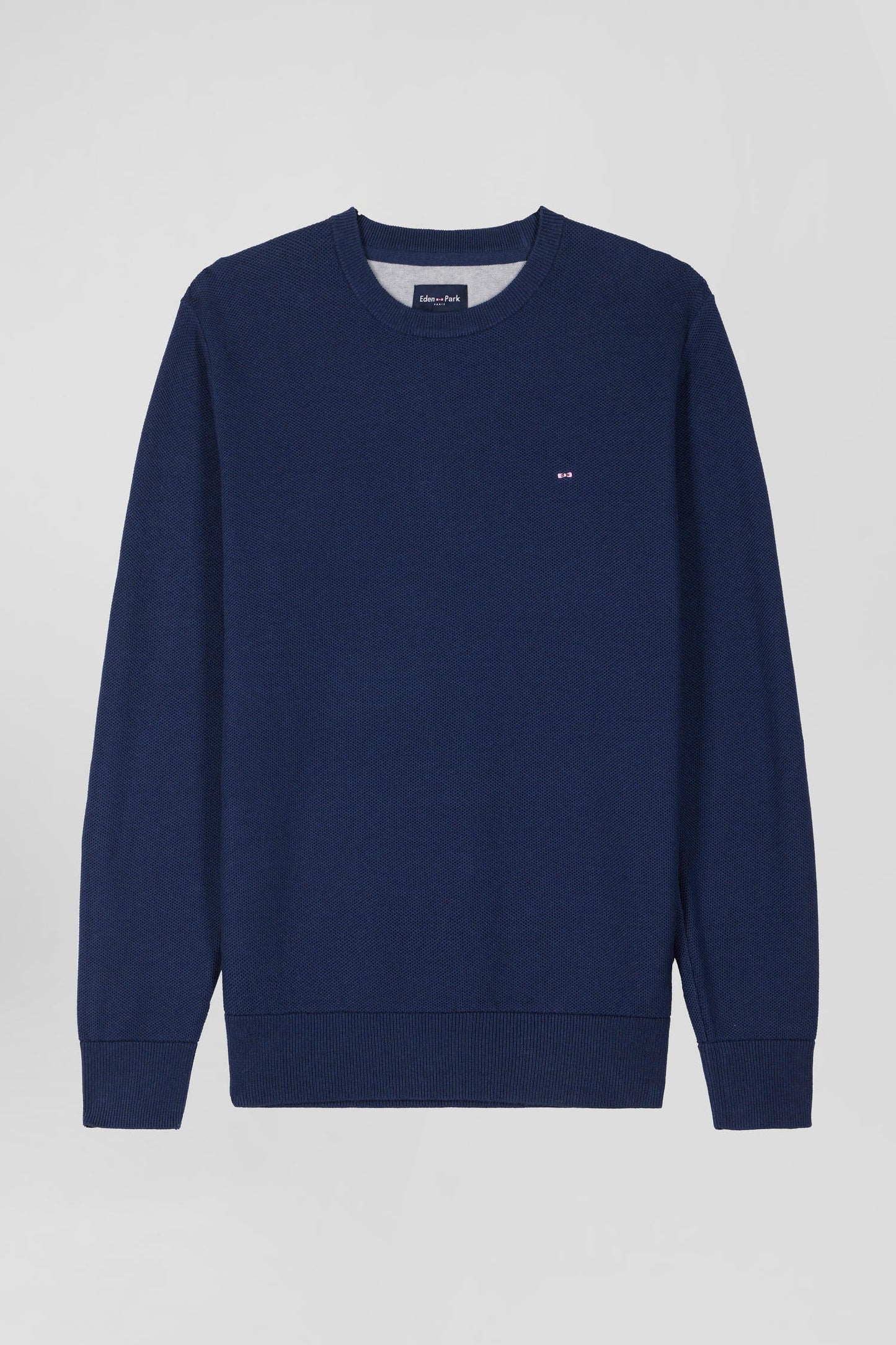 Pull col rond uni en coton bleu foncé coupe Regular - Image 2