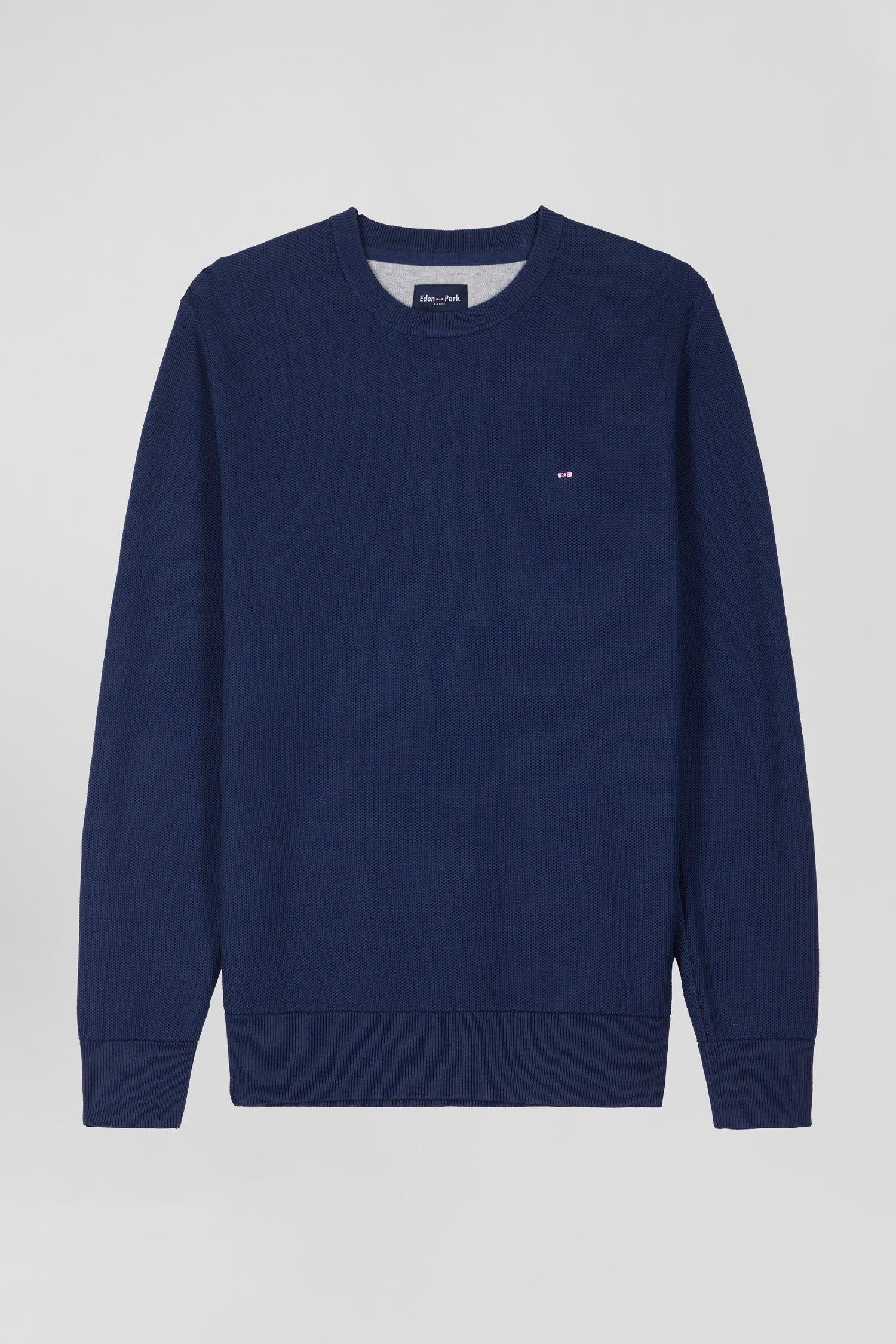 Pull col rond uni en coton bleu foncé coupe Regular