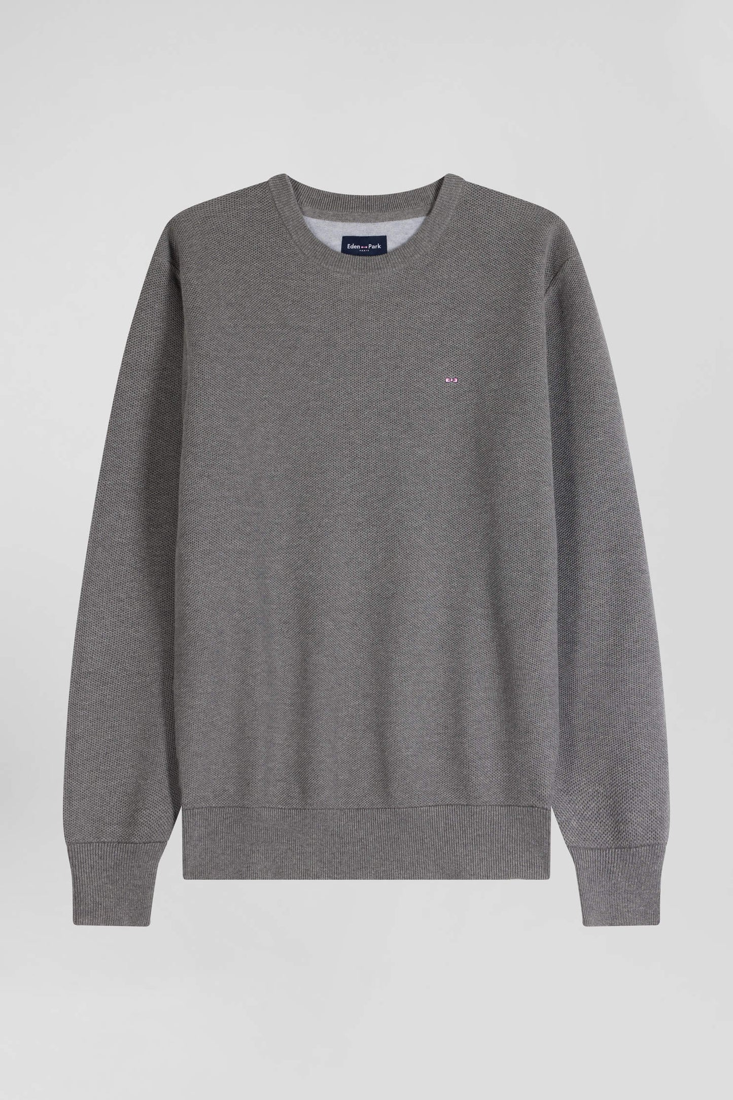 Pull col rond uni en coton gris coupe Regular - Image 2