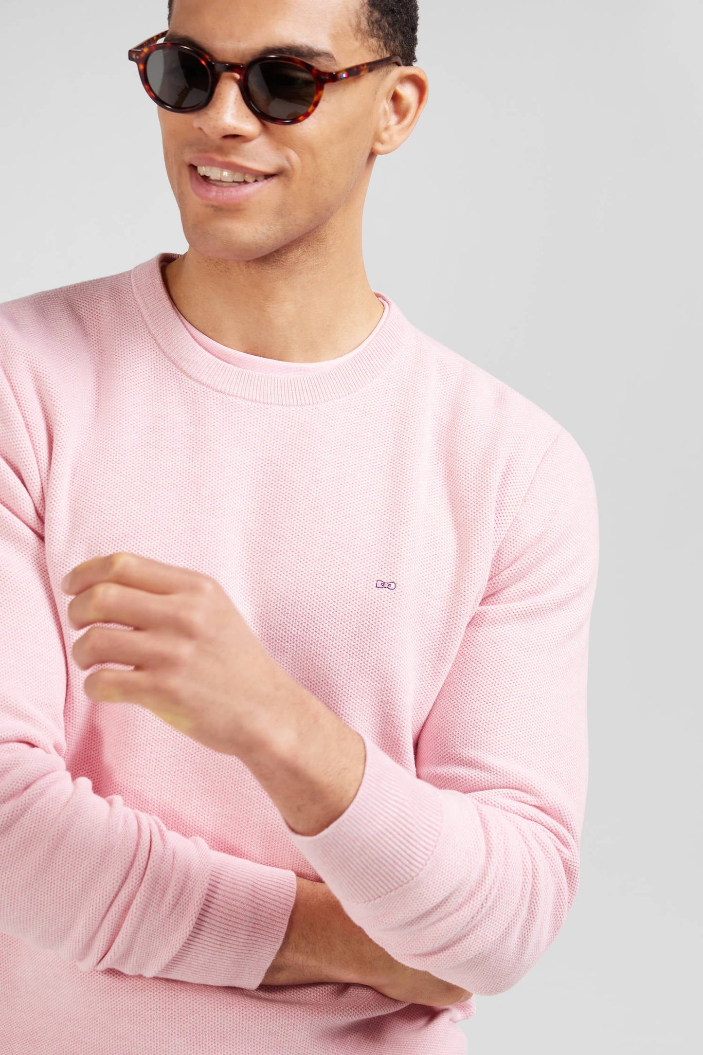 Pull col rond uni en coton rose coupe Regular - Image 3