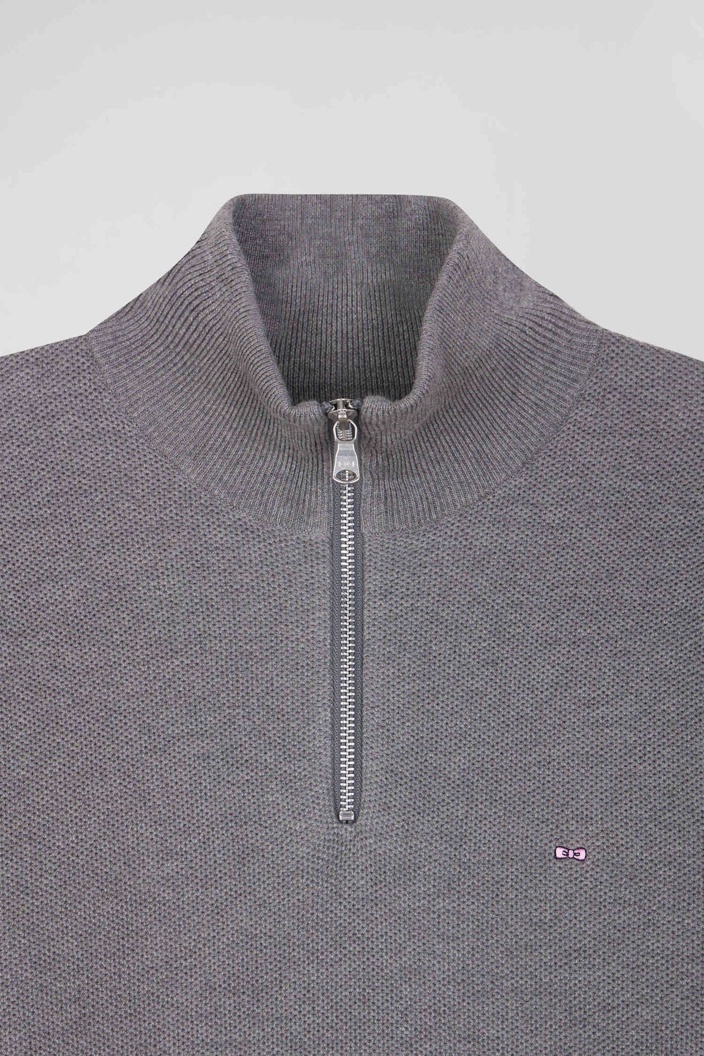 Pull col camionneur zippé uni en coton gris coupe Regular - Image 8