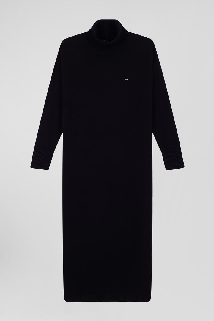 Relaxed black wool and cotton turtleneck dress