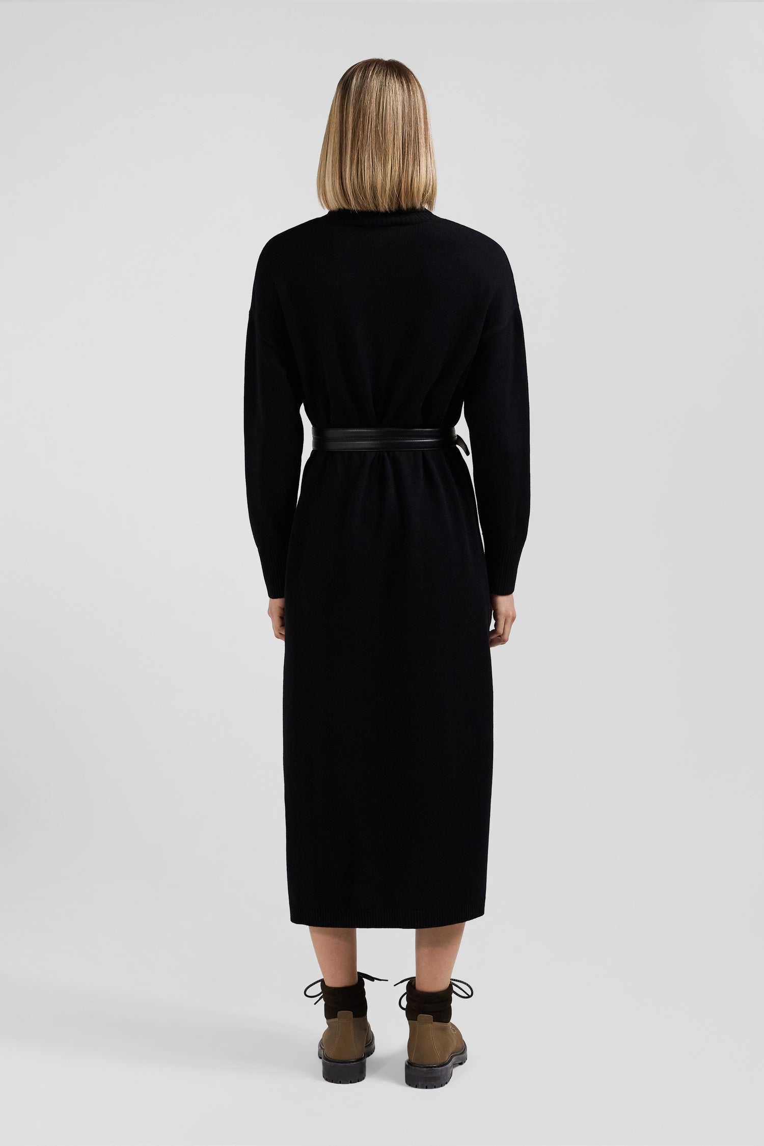 Relaxed black wool and cotton turtleneck dress