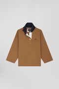 Relaxed camel cotton sweatshirt with rugby shirt collar