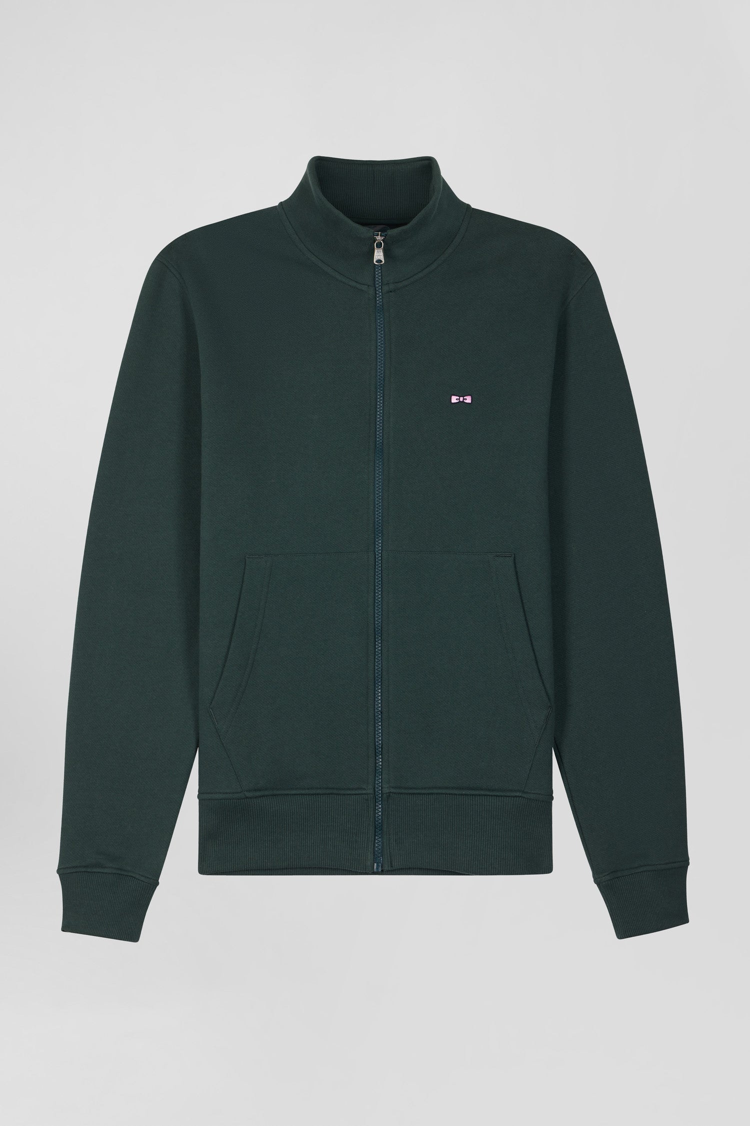 Sweatshirt zippé à col montant en molleton coton uni vert coupe Regular