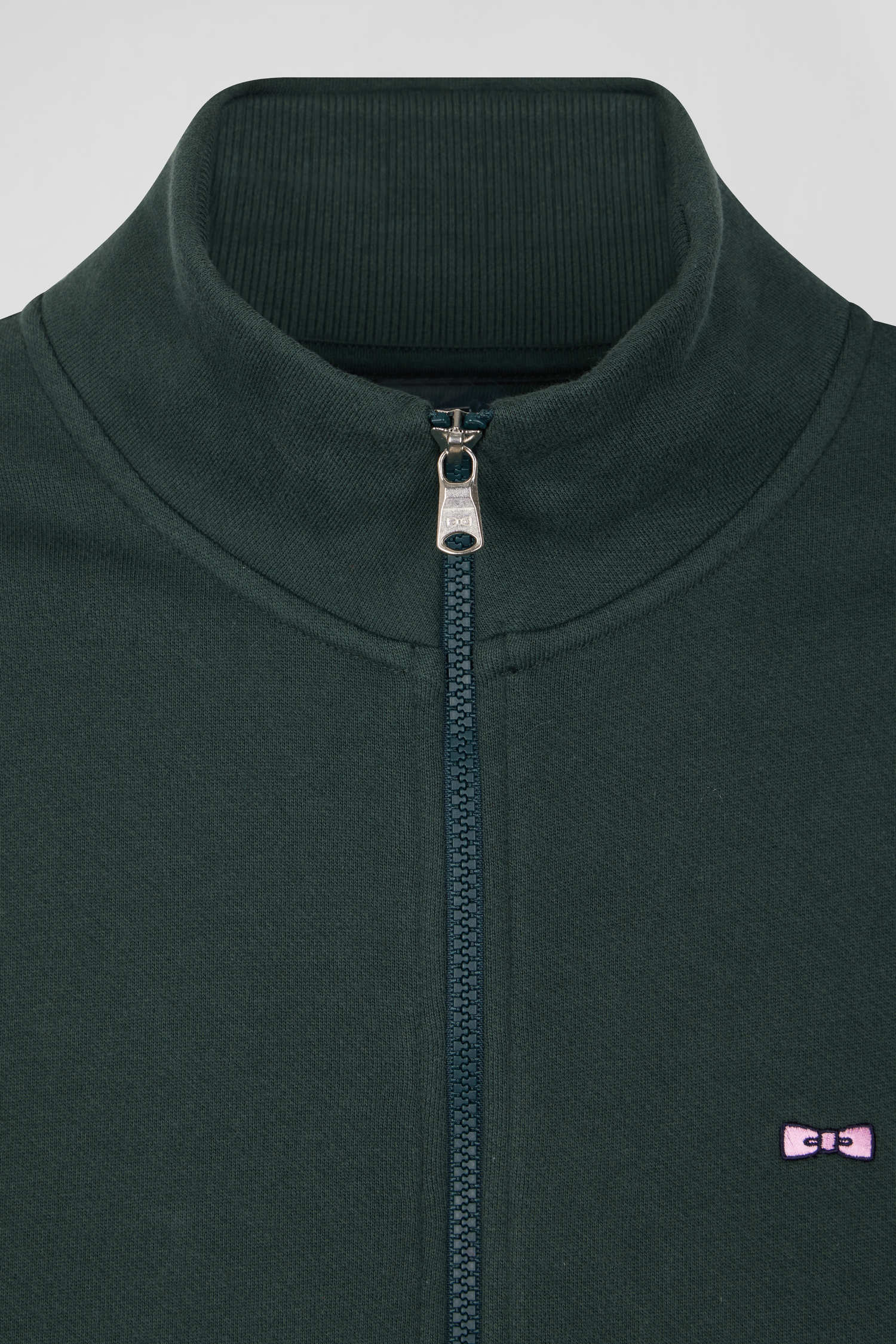 Sweatshirt zippé à col montant en molleton coton uni vert coupe Regular