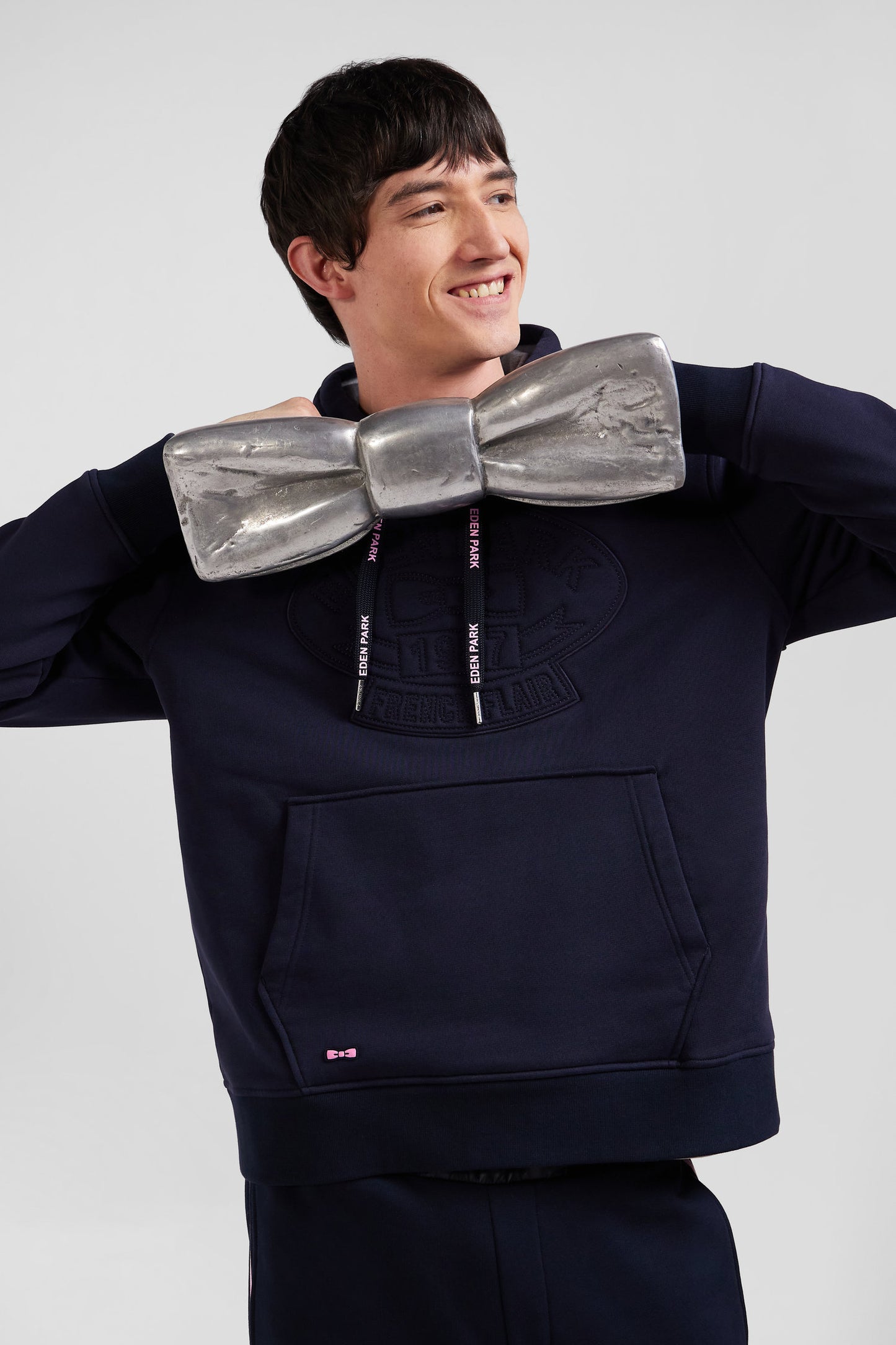 Relaxed navy blue cotton blend hoodie with padded embroidery