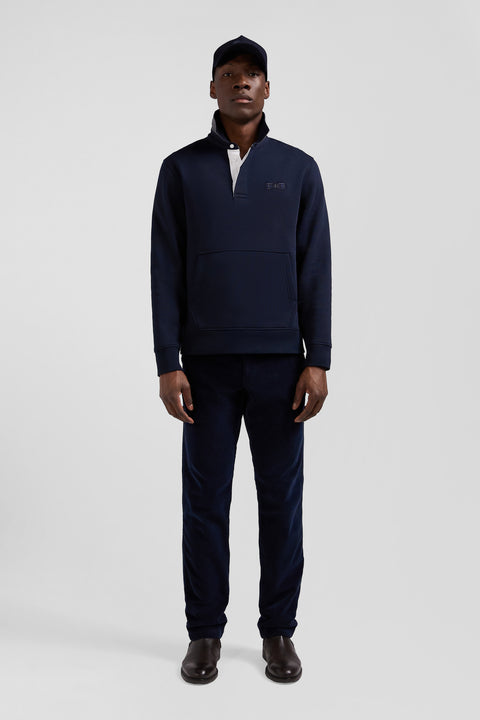 Relaxed navy blue cotton blend sweatshirt with checked patchwork and rugby shirt collar - Image 1