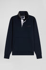 Relaxed navy blue cotton blend sweatshirt with checked patchwork and rugby shirt collar