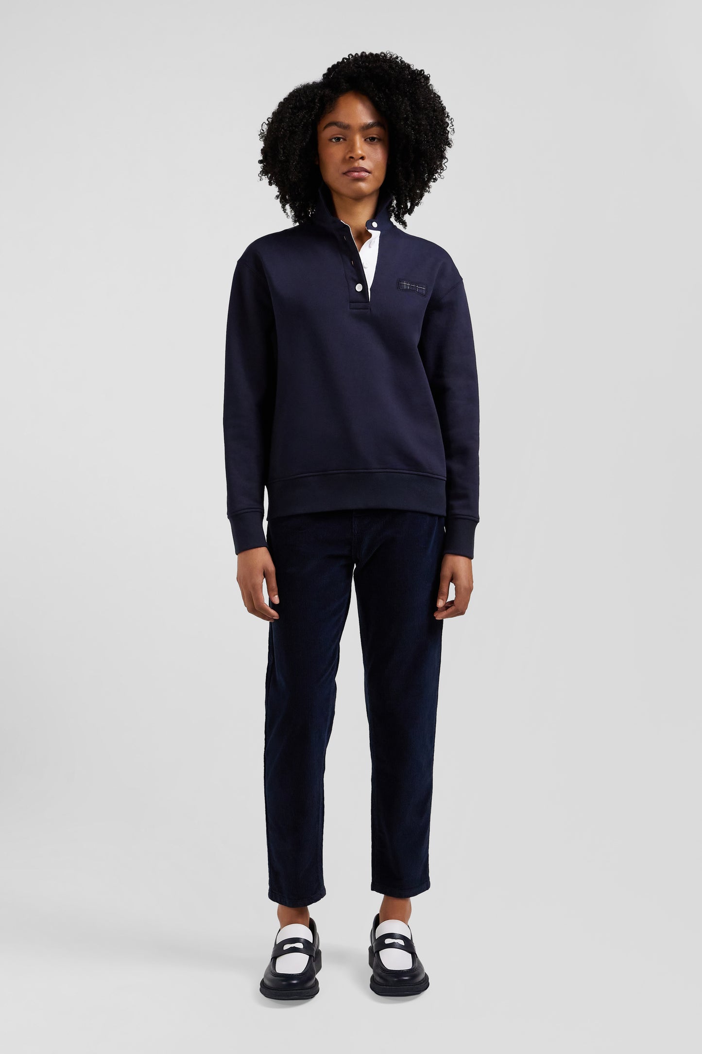 Relaxed navy blue cotton blend sweatshirt with back embroidery and rugby shirt collar