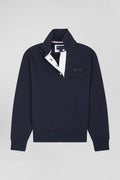 Relaxed navy blue cotton blend sweatshirt with back embroidery and rugby shirt collar