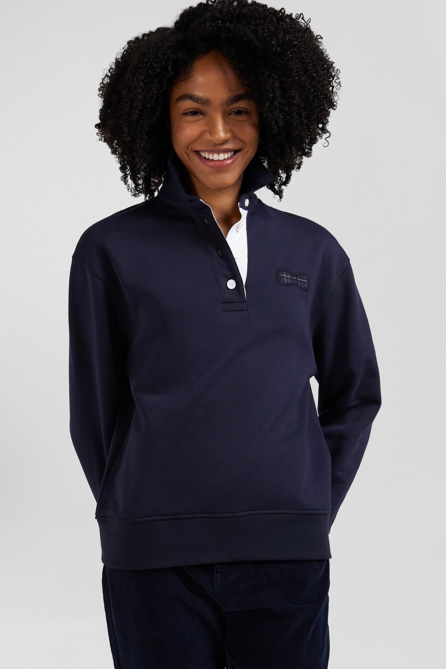 Relaxed navy blue cotton blend sweatshirt with back embroidery and rugby shirt collar