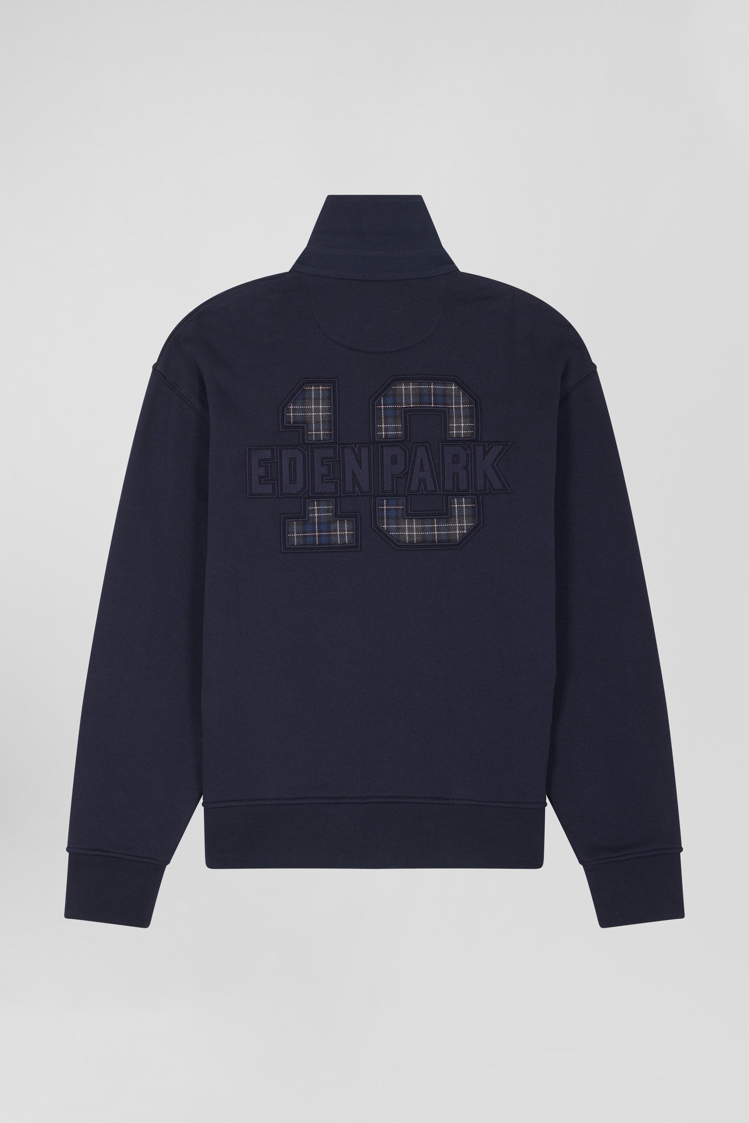 Relaxed navy blue cotton blend sweatshirt with back embroidery and rugby shirt collar